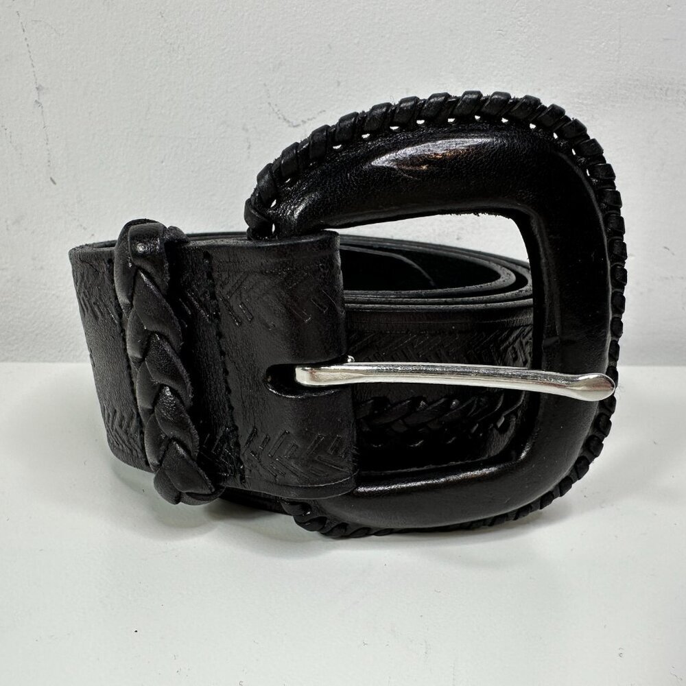 Lauren Ralph Lauren Black Leather & Silver Metal Whipstitched Wide Belt Womens M